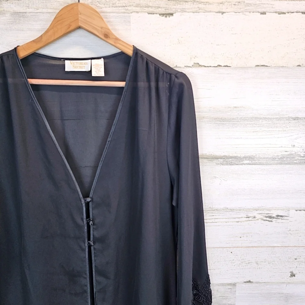 Vintage Victoria's Secret Semi-Sheer Full Length Robe M L Black Dark Romantic